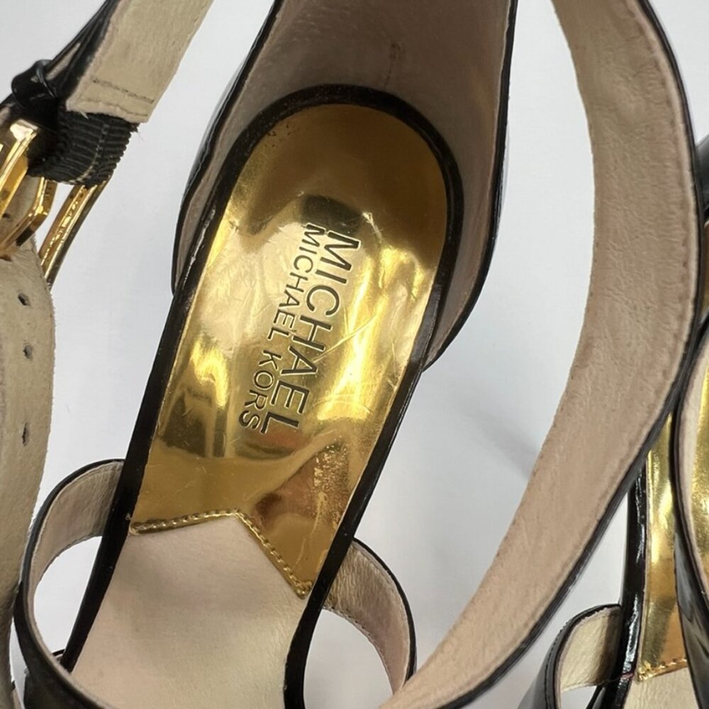 Michael Kors Heel Women 9 Leather Ankle Strap High Shiny Logo Work Party Core Go - Picture 3 of 12